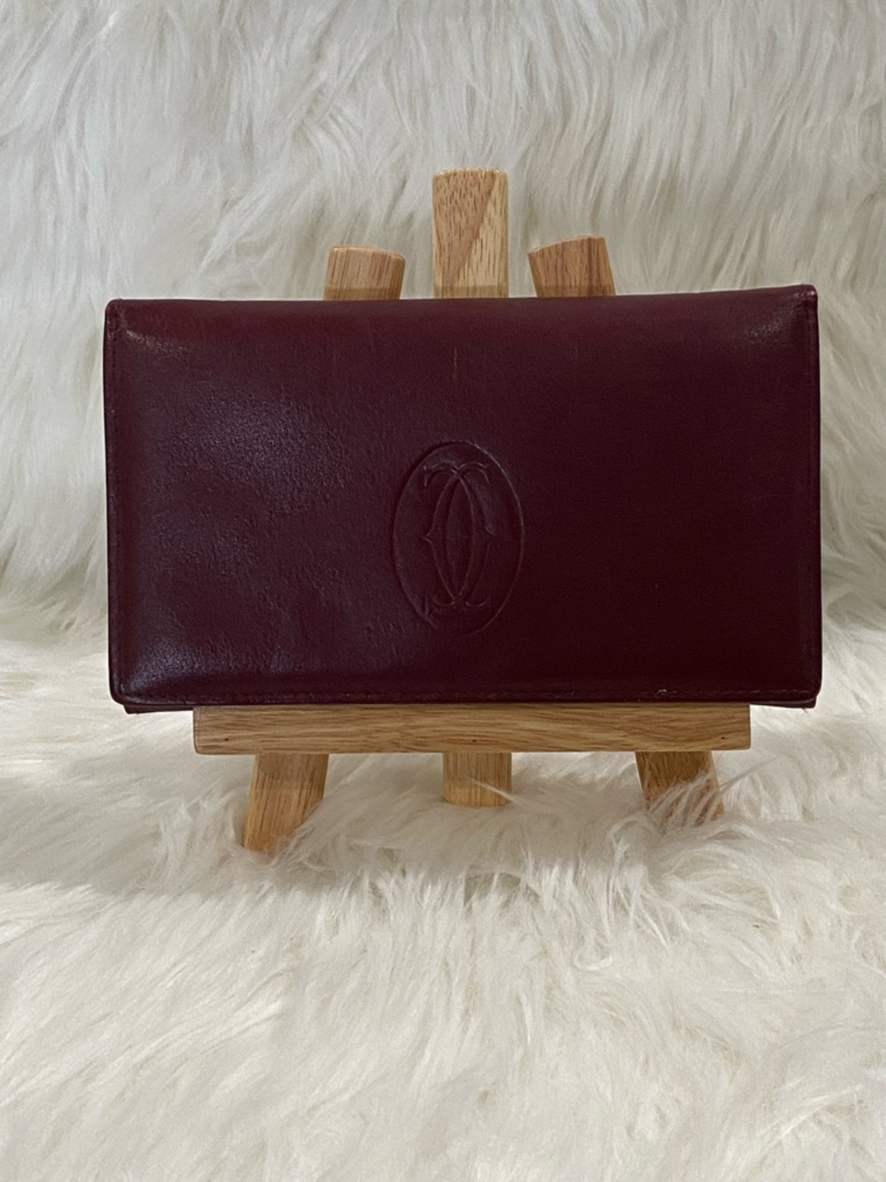 Cartier Burgundy Leather Continental Wallet Kiss lock interior